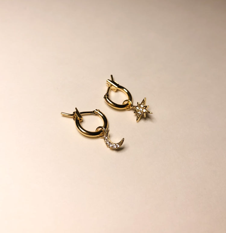 Star and Moon Pave Mini Hoops