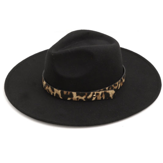 Black Flat Brim Hat with Leopard Strap