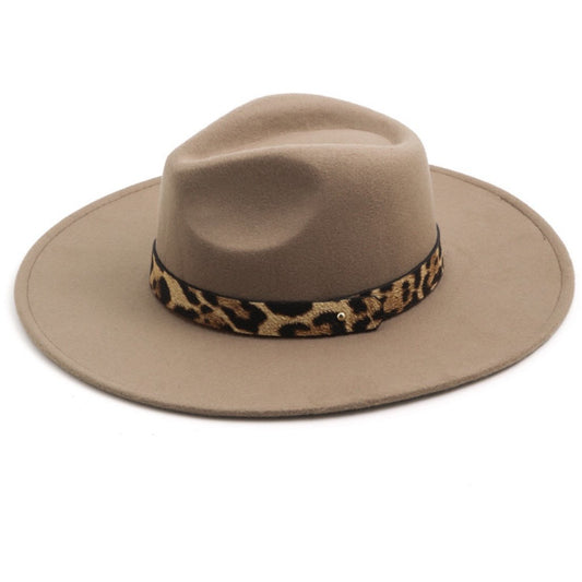 Brown Flat Brim Hat with Leopard Strap